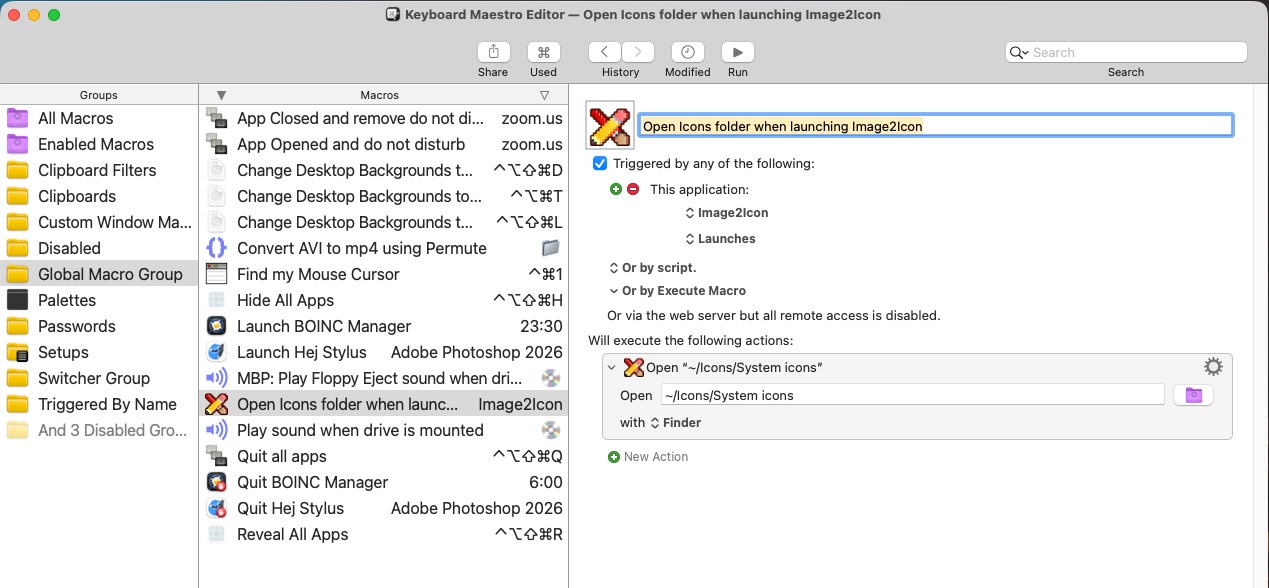 Keyboard Maestro icons folder automation.