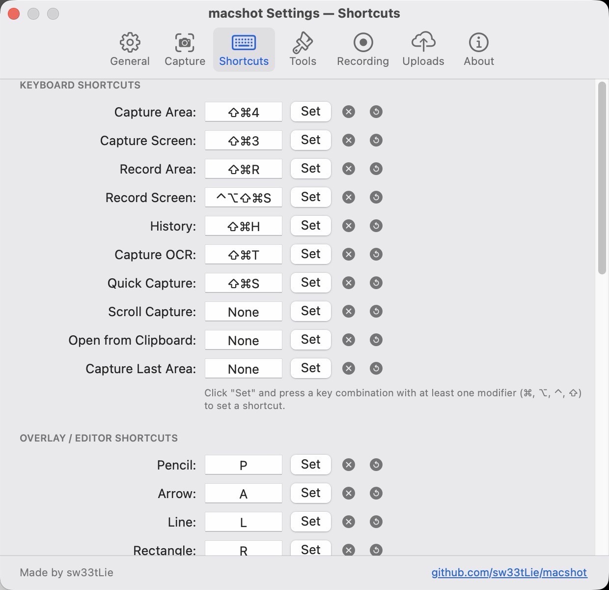 MacShot settings.