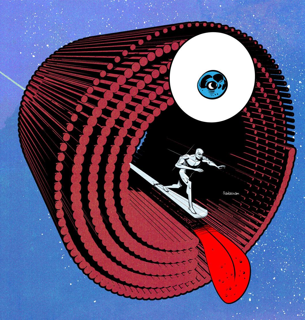 silversurfer.jpg Silver Surfer rides through a monster made up of cylindrical structures.