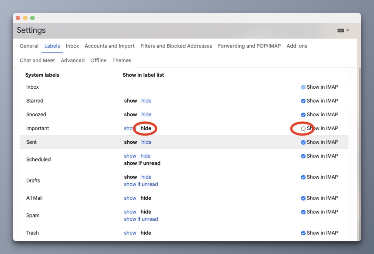Gmail hide IMAP settings.