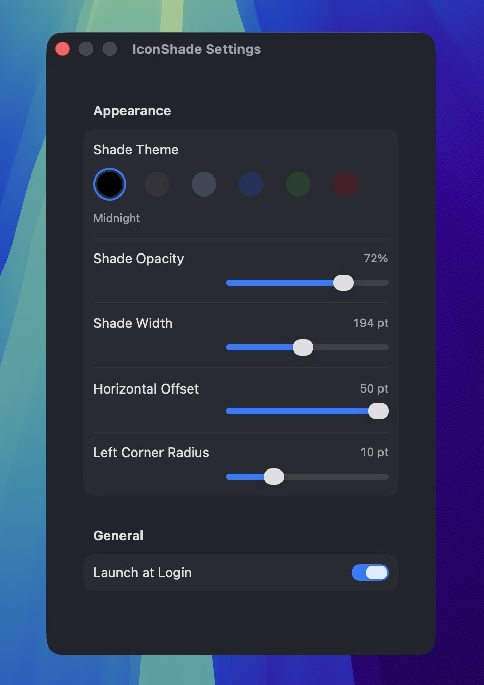 IconShade settings.